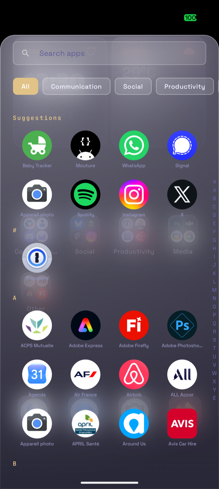 Mouture app drawer, auto-sorted into categories