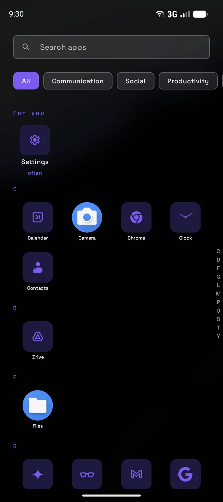 Drawer d'apps Mouture, trié automatiquement par catégories