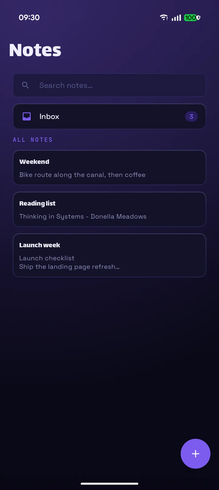 The Mouture notes page with folders and a rich-text note