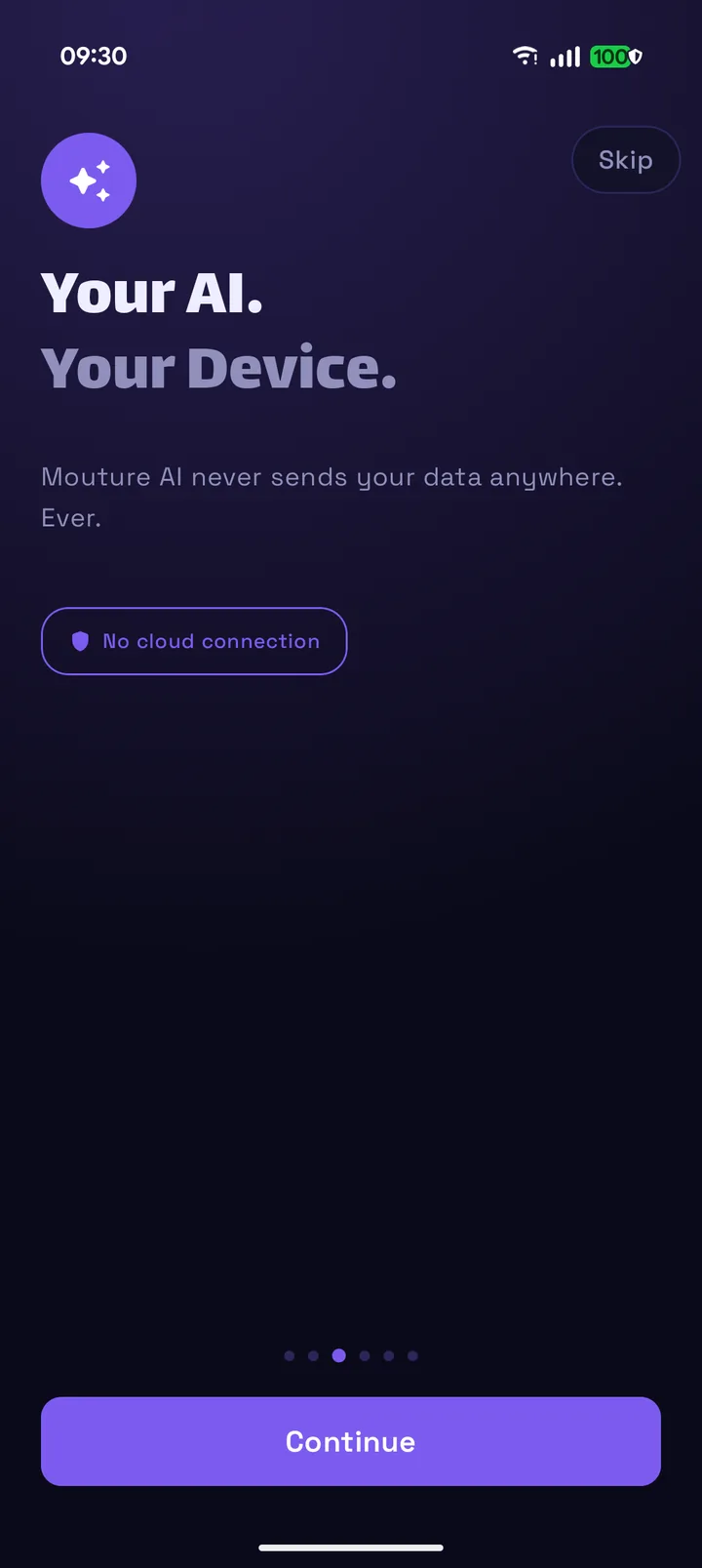 Mouture onboarding: your AI, your device, no cloud connection