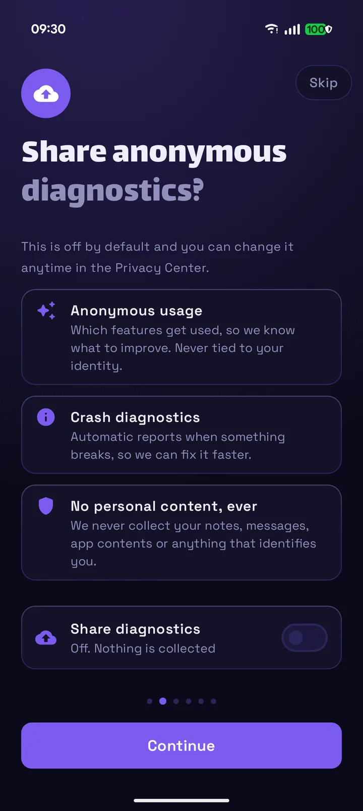 Écran d'onboarding Mouture : partager des diagnostics anonymes, désactivé par défaut