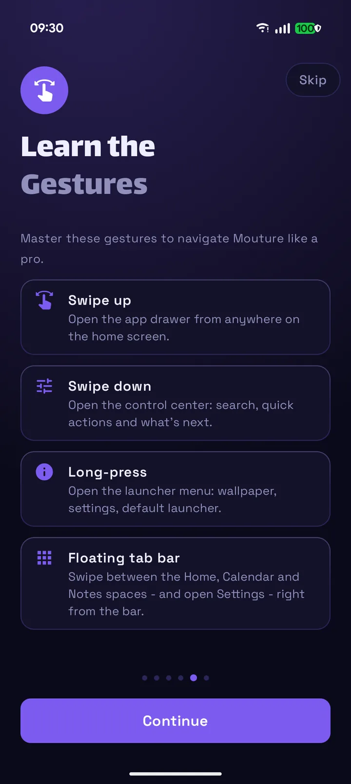 Mouture onboarding: swipe up, swipe down, long-press and the floating tab bar