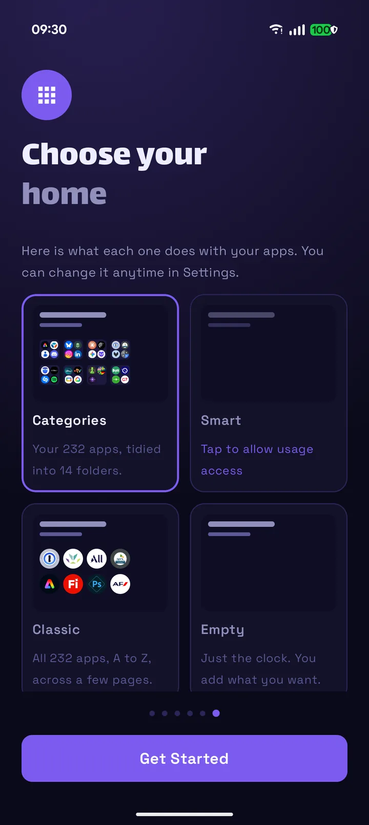 Dernier écran de l'onboarding Mouture : choisir la disposition d'accueil (Categories, Smart, Classic, Empty)