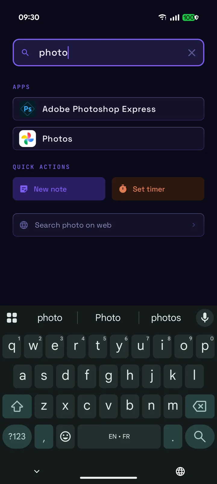 The Mouture search overlay across apps, contacts and notes