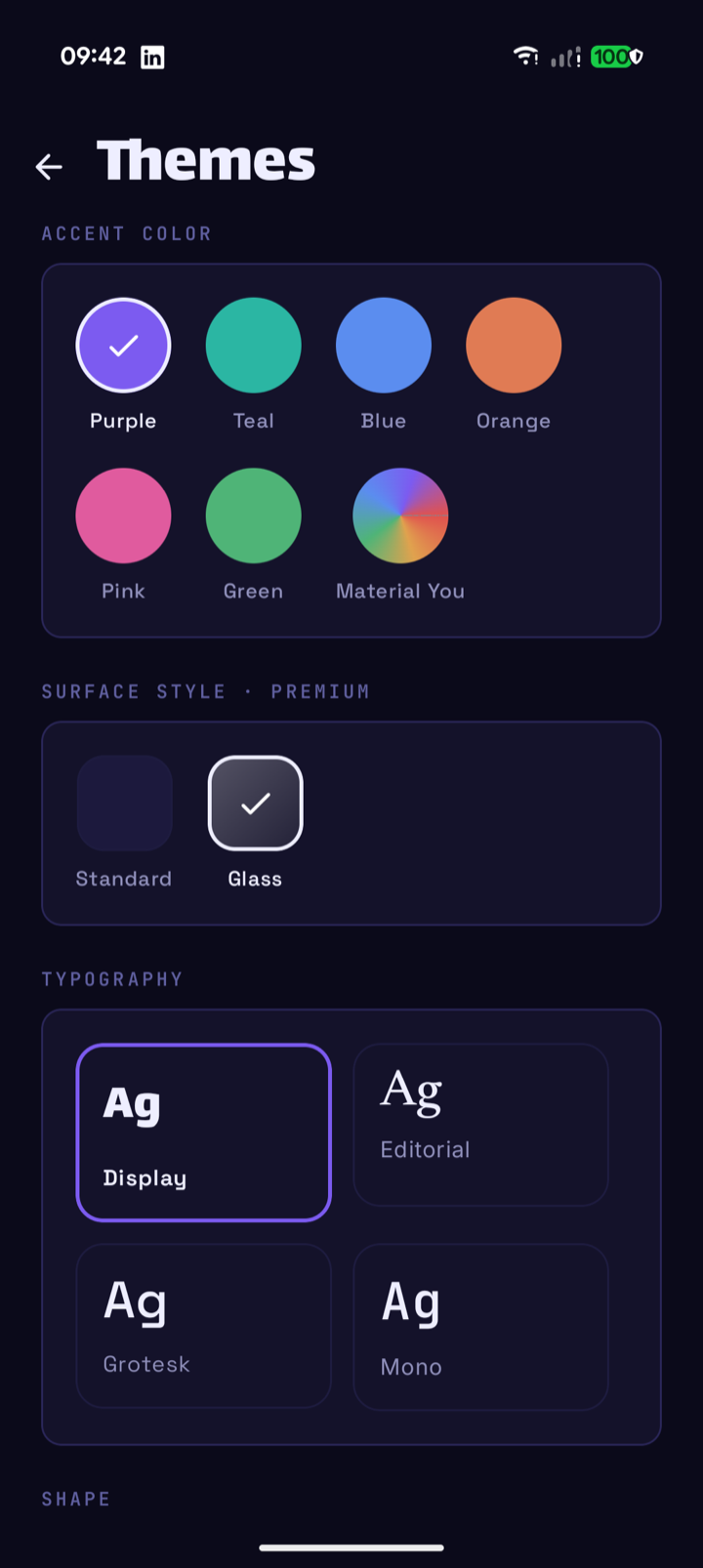 Mouture theming settings — accents, fonts and Liquid Glass surface